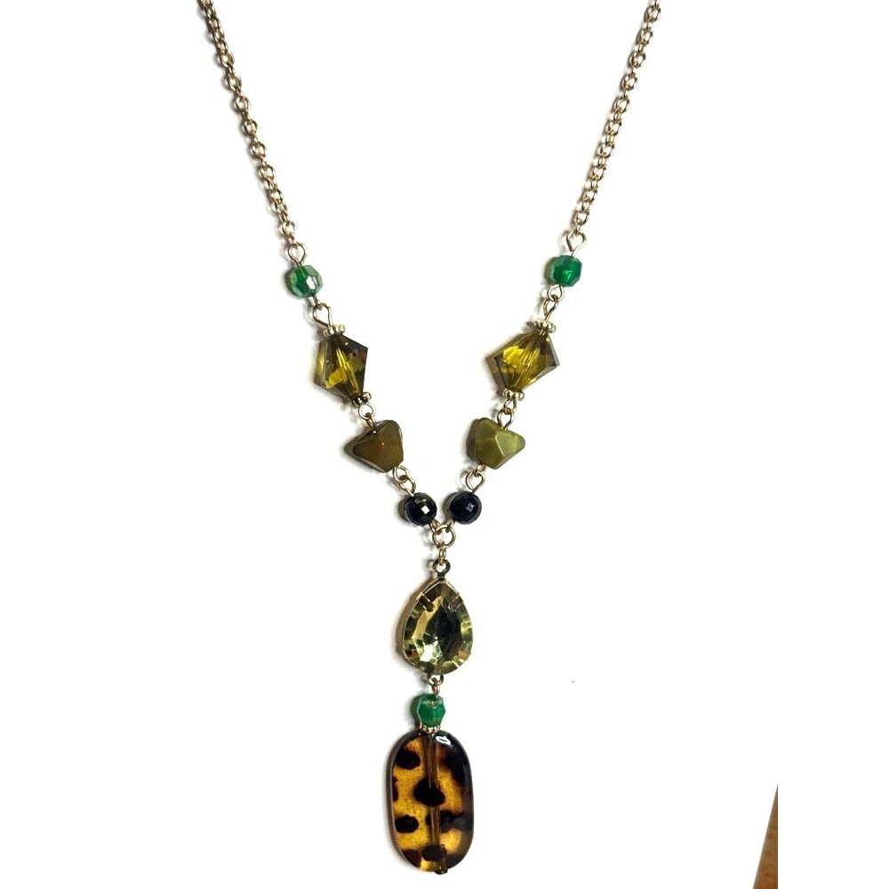 Gold-Tone Chain Necklace With Green & Amber Beads And Tortoise Shell Pendant